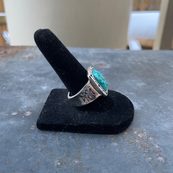Carolyn Pollack Rectangle Carved Turquoise Sterling Ring w/ flower design Size 8 - Picture 4 of 4